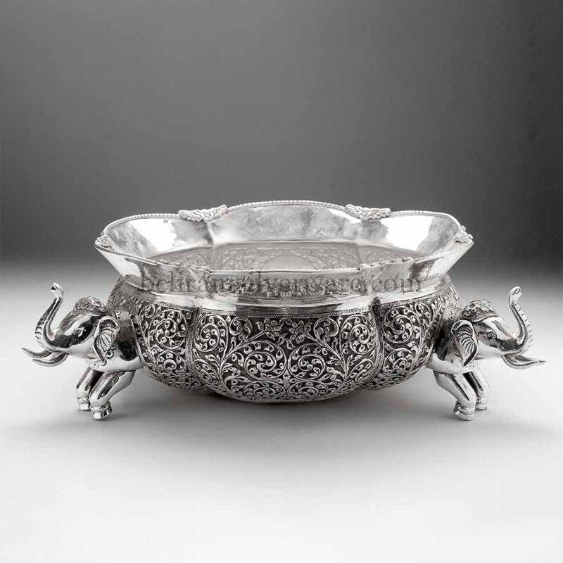 Baroque Silver Urli With 3D Elephant Supports