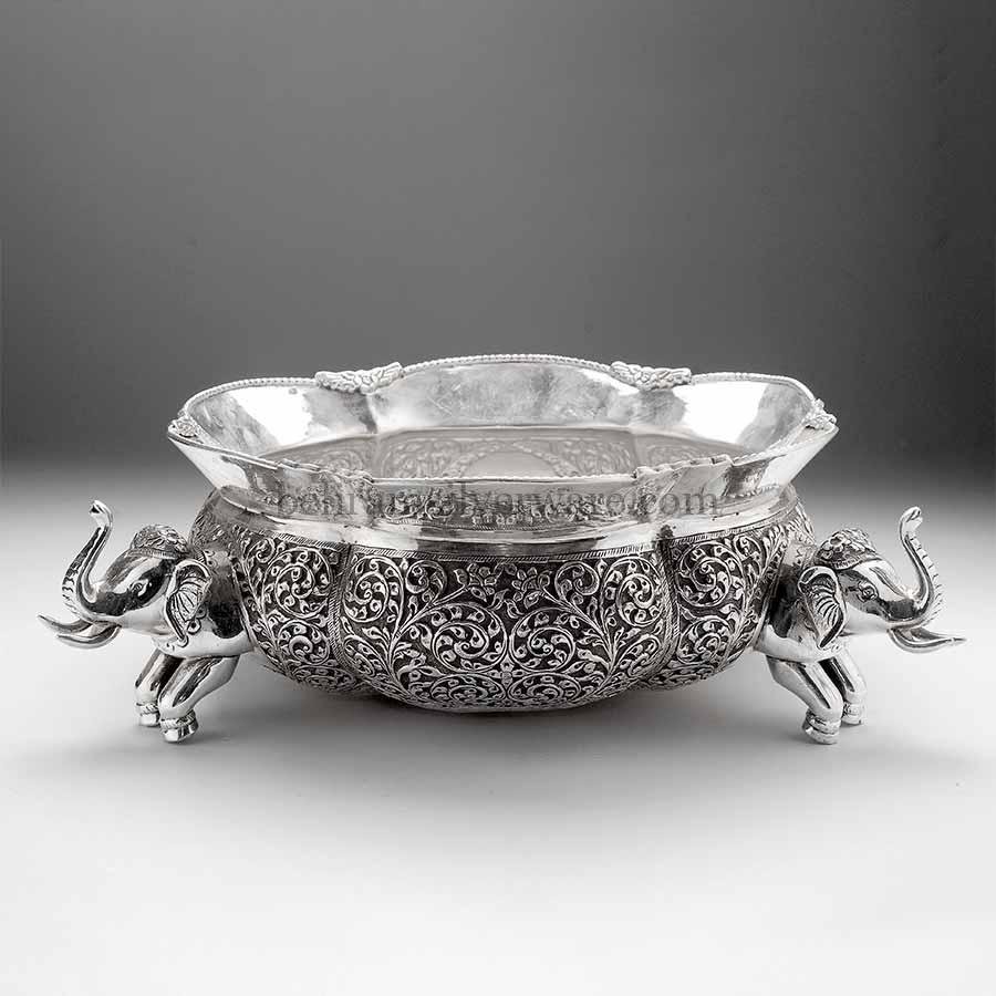 Baroque Silver Urli With 3D Elephant Supports