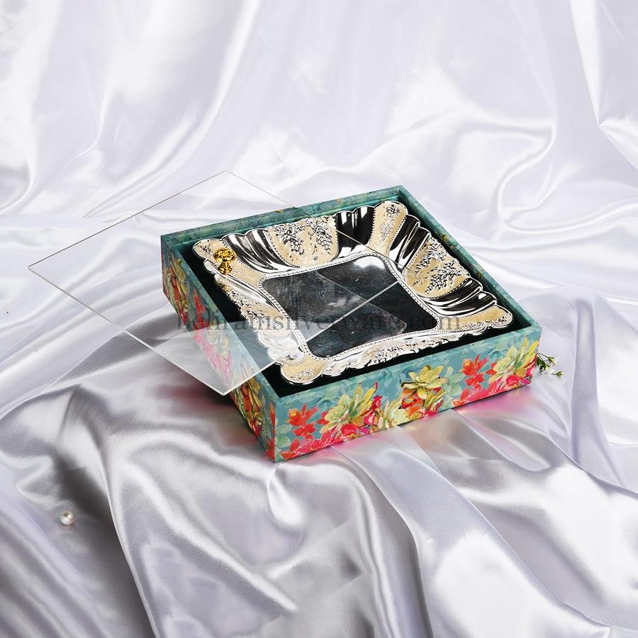 Melange Gifts- Square Enameled Floral Silver Tray