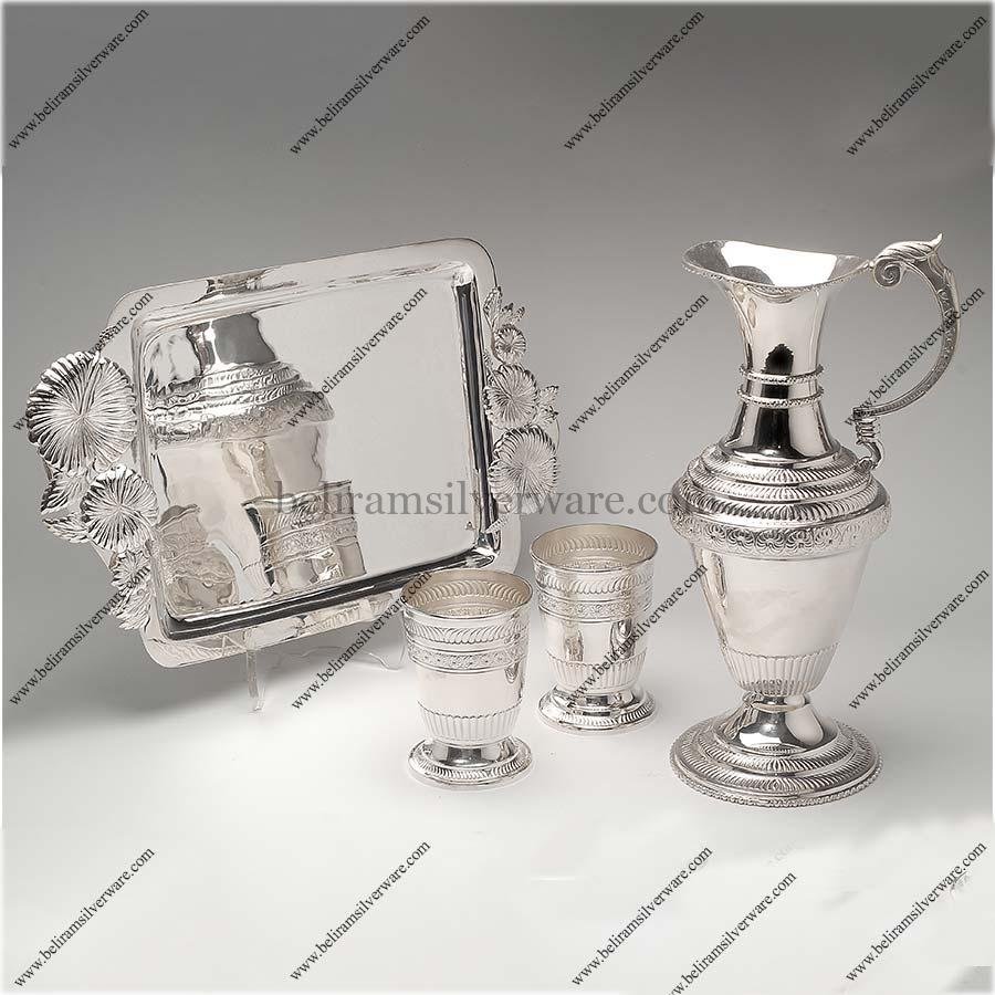 Flower Motif Fluted Silver Jug Set
