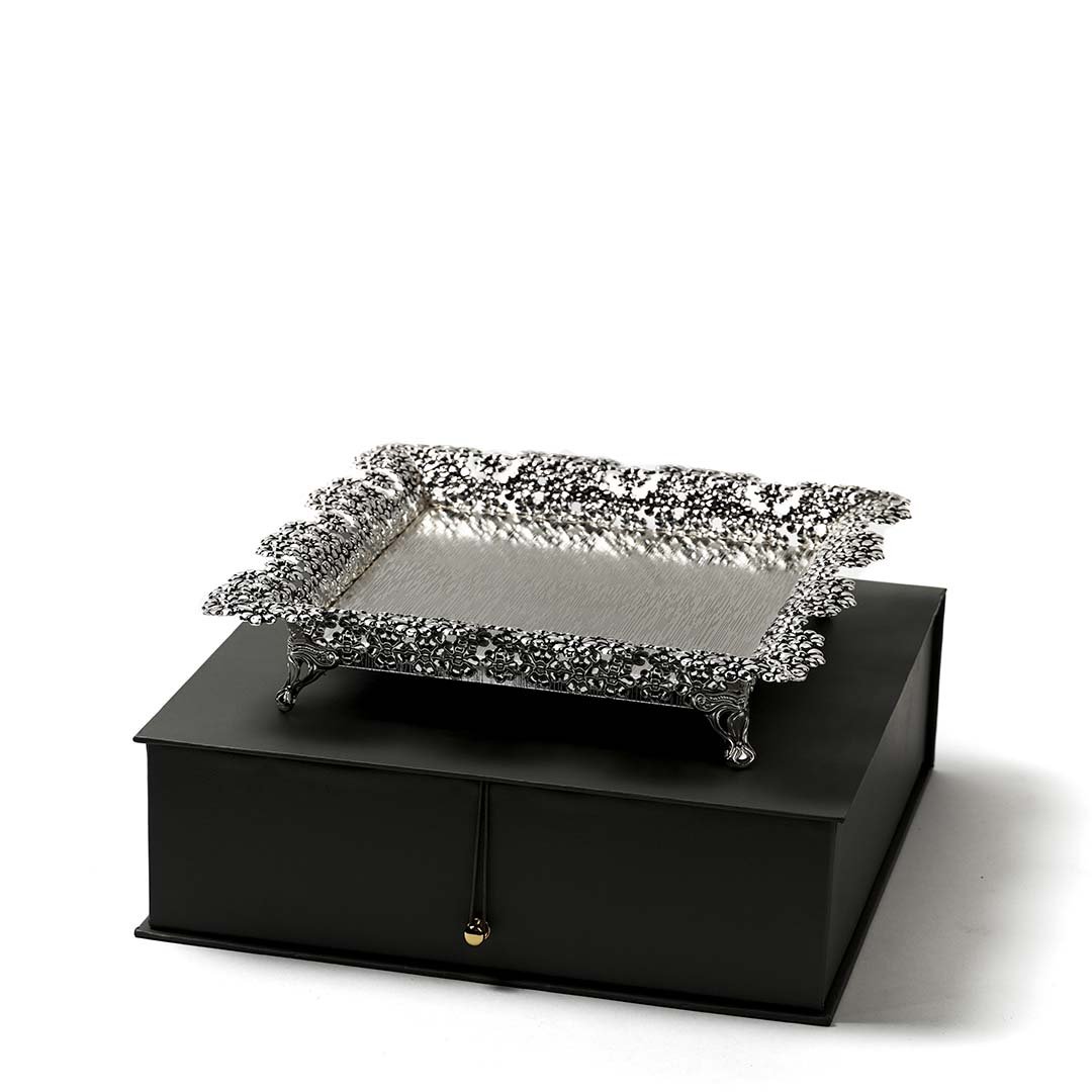 Intricate Floral Cutwork Square Silver Tray