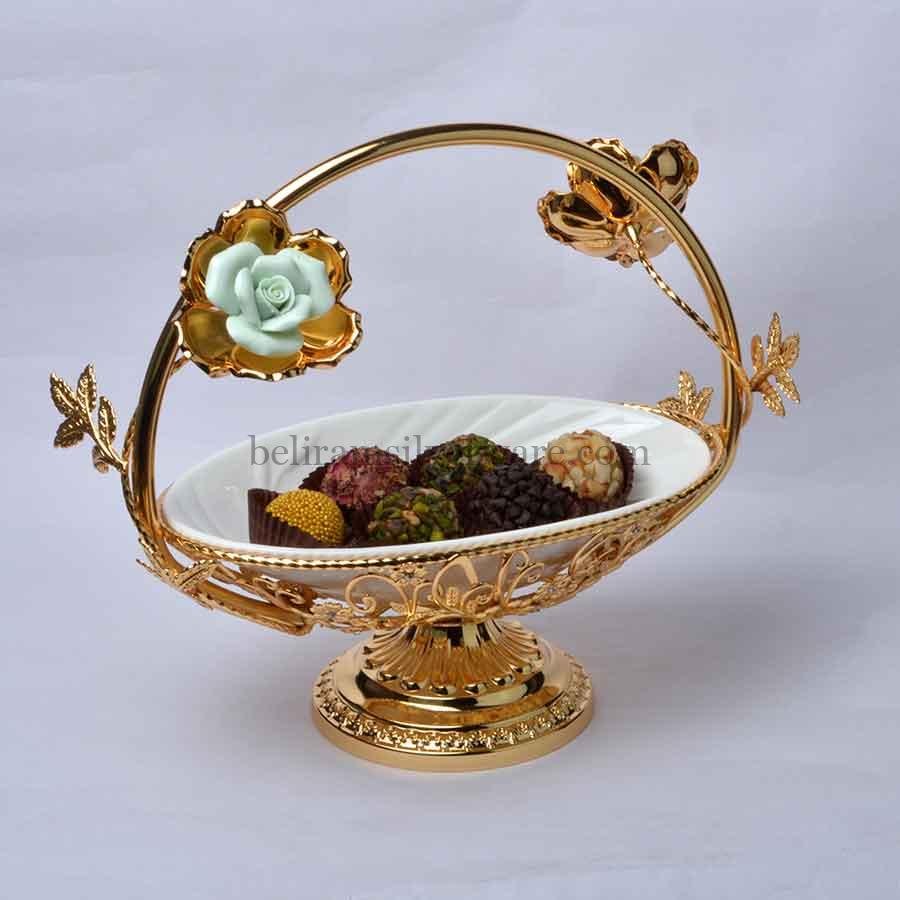 Vintage Flowers Golden Basket with Ceramic Bowl