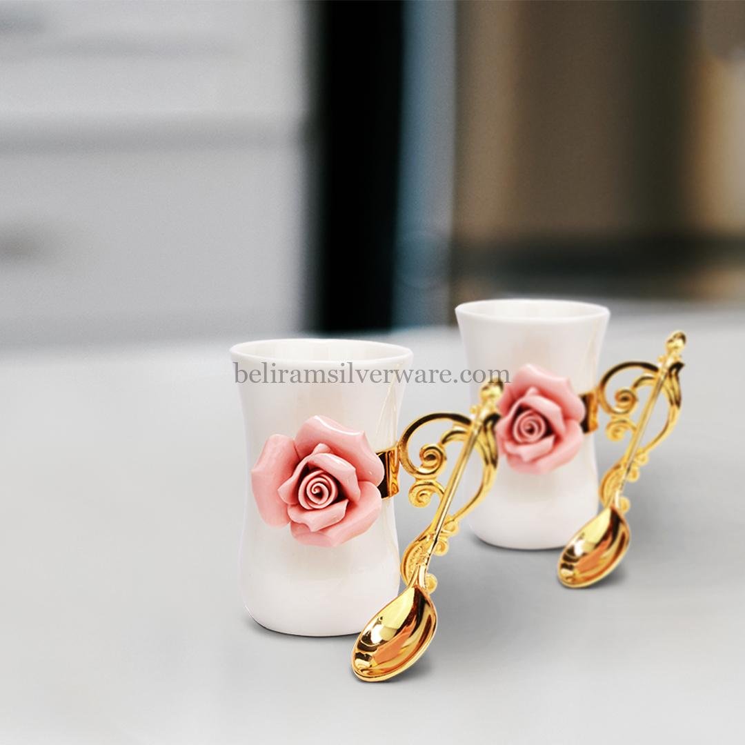 Vintage Flowers Ceramic Mugs with Spoons